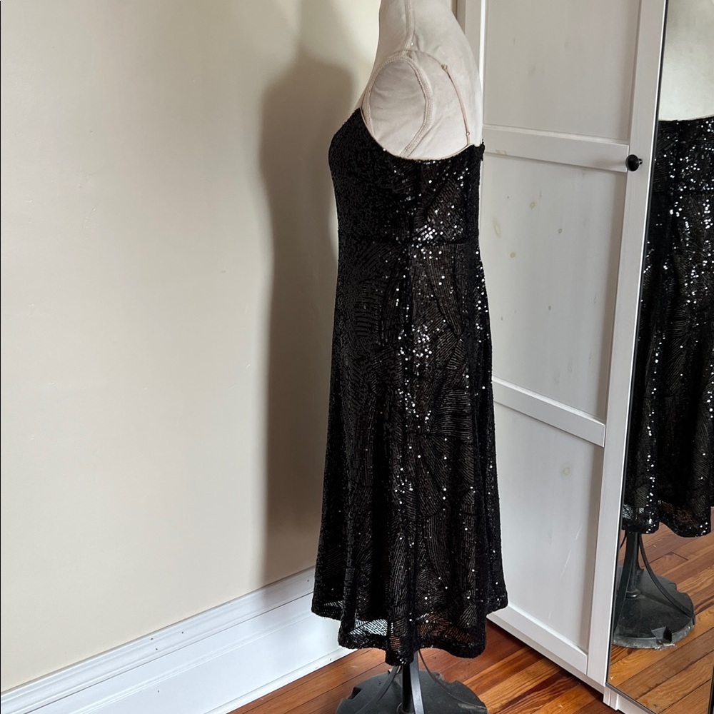 LOFT Black Shimmer Sequin Midi Cocktail Wedding Guest Evening Dress - Black 8 - Picture 11 of 14